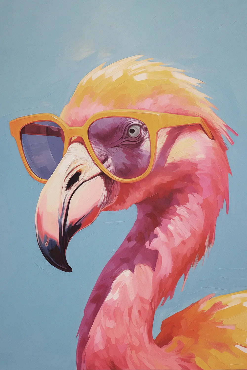a painting of a flamingo wearing sunglasses