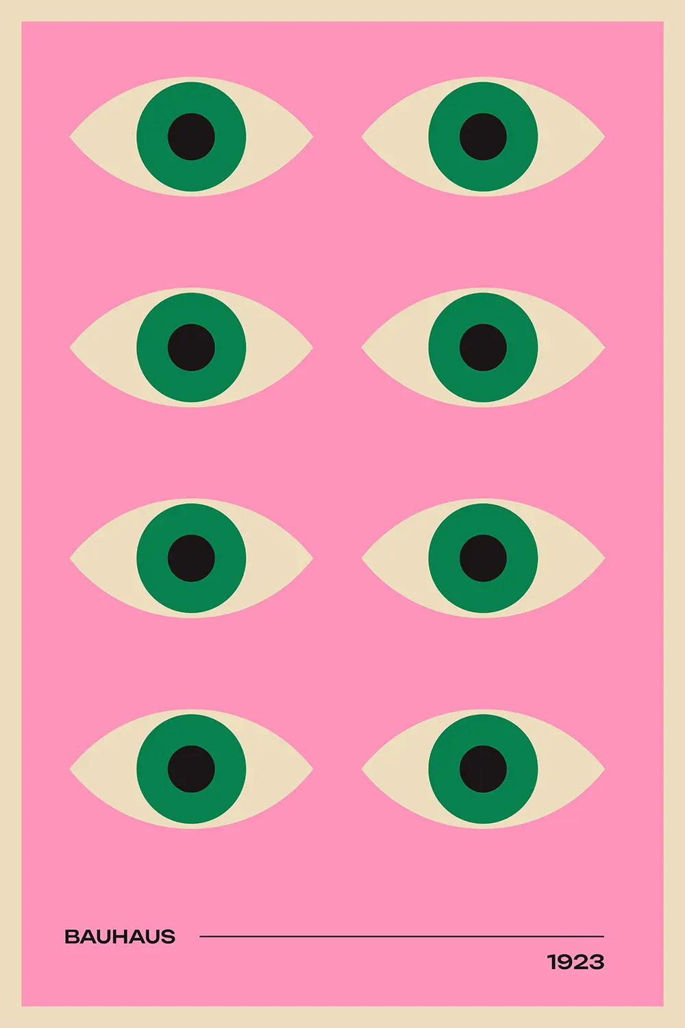 a pink poster with green eyes on it