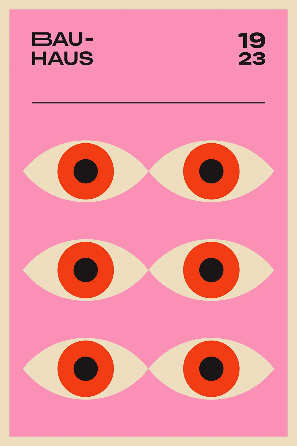 a pink poster with red and black eyes
