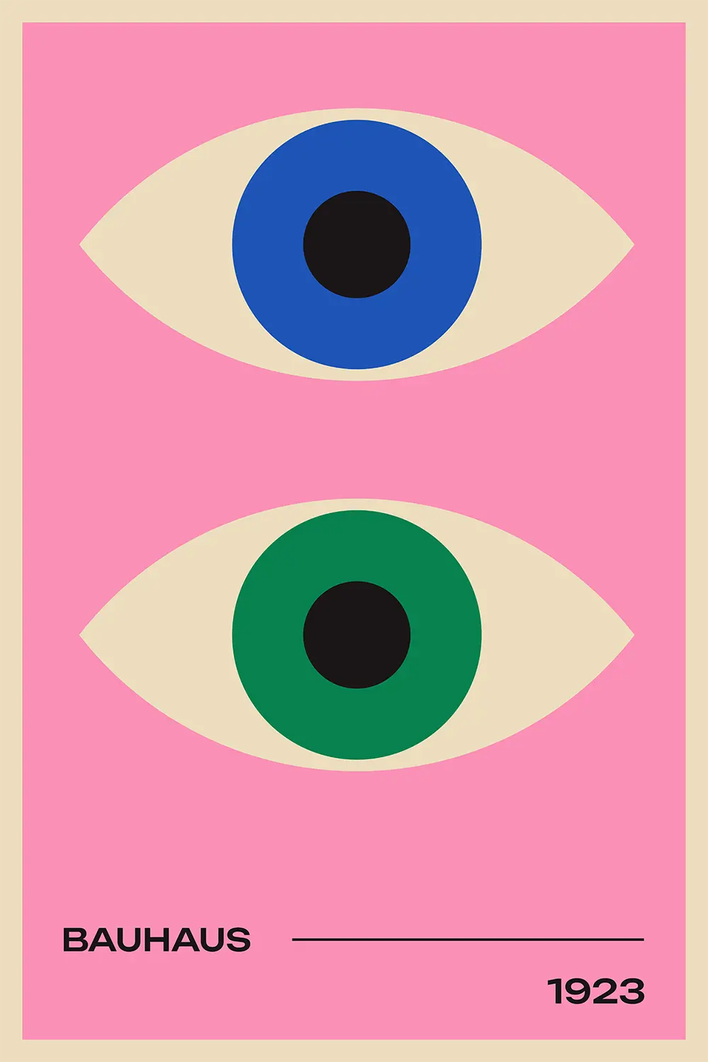 a pink poster with two blue and green eyes