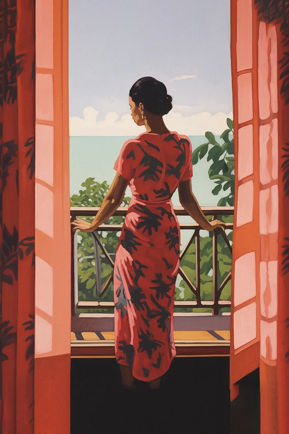 a painting of a woman in a red dress looking out a window