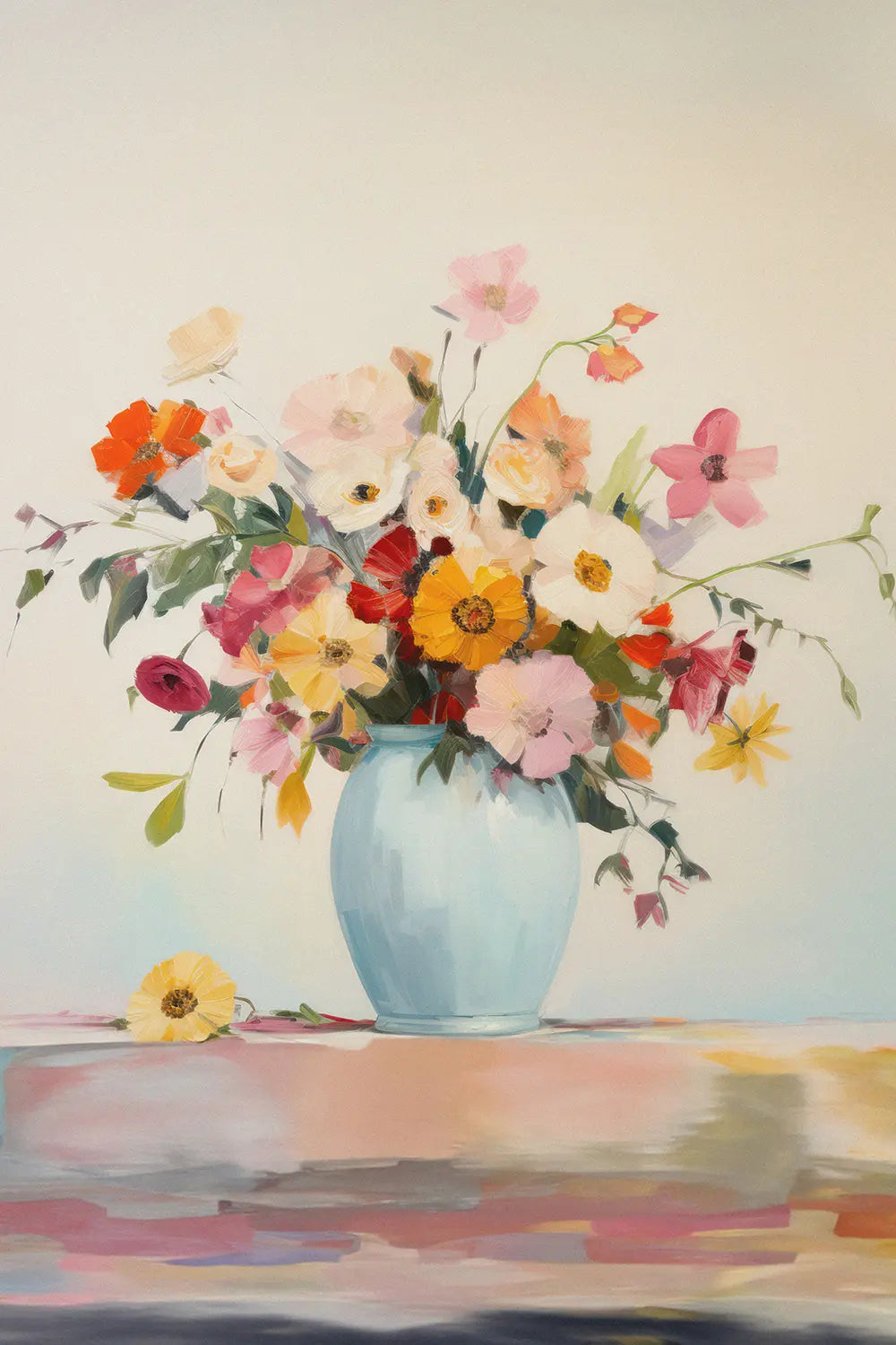 a painting of flowers in a blue vase