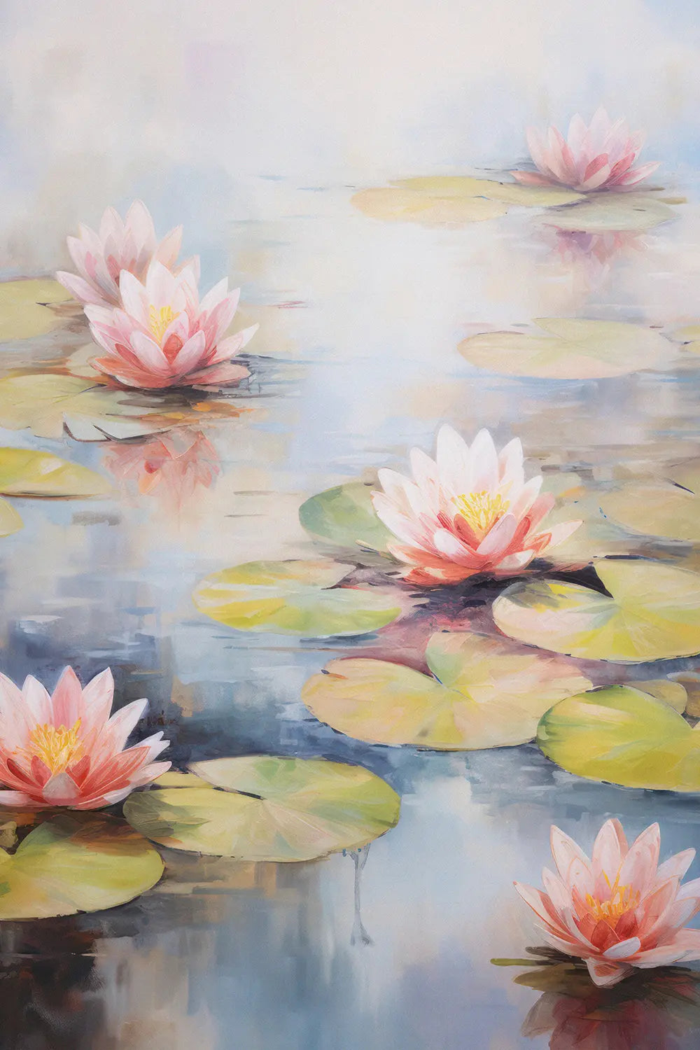 a painting of water lilies in a pond