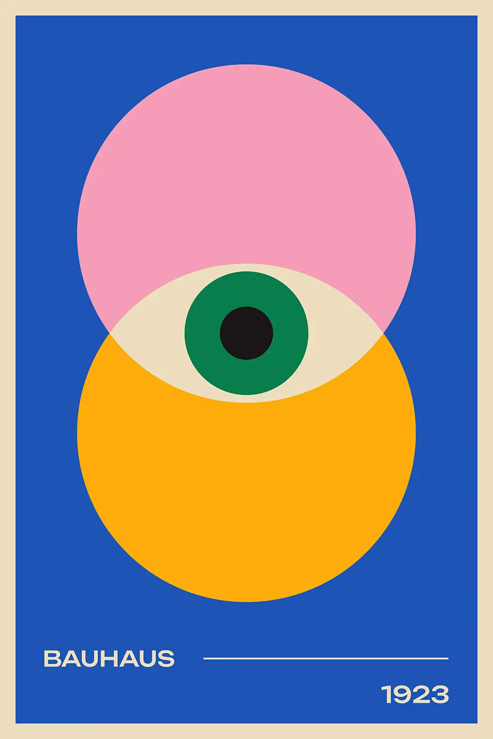 a blue poster with a pink circle and a green eye