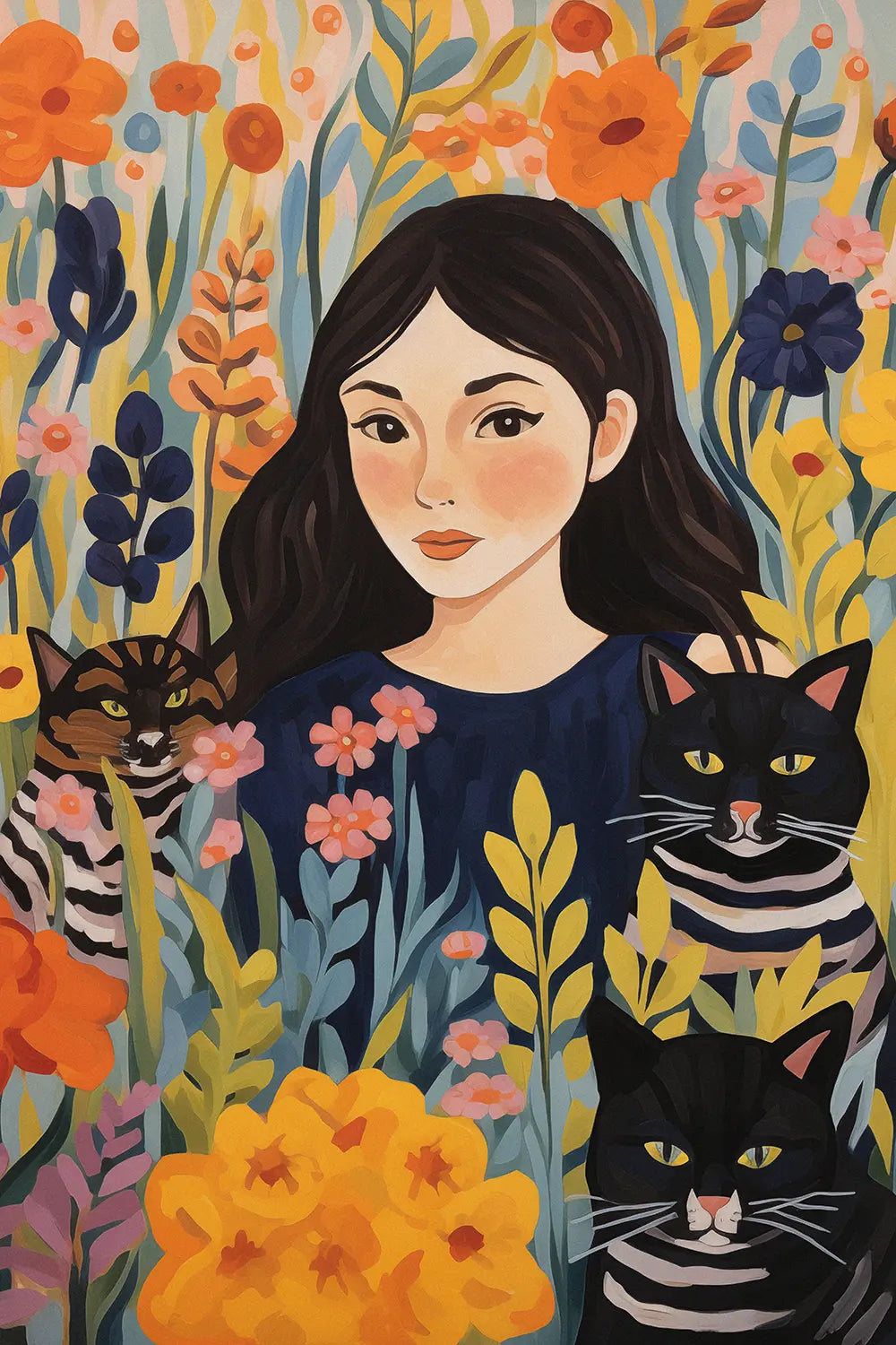 a painting of a woman surrounded by cats