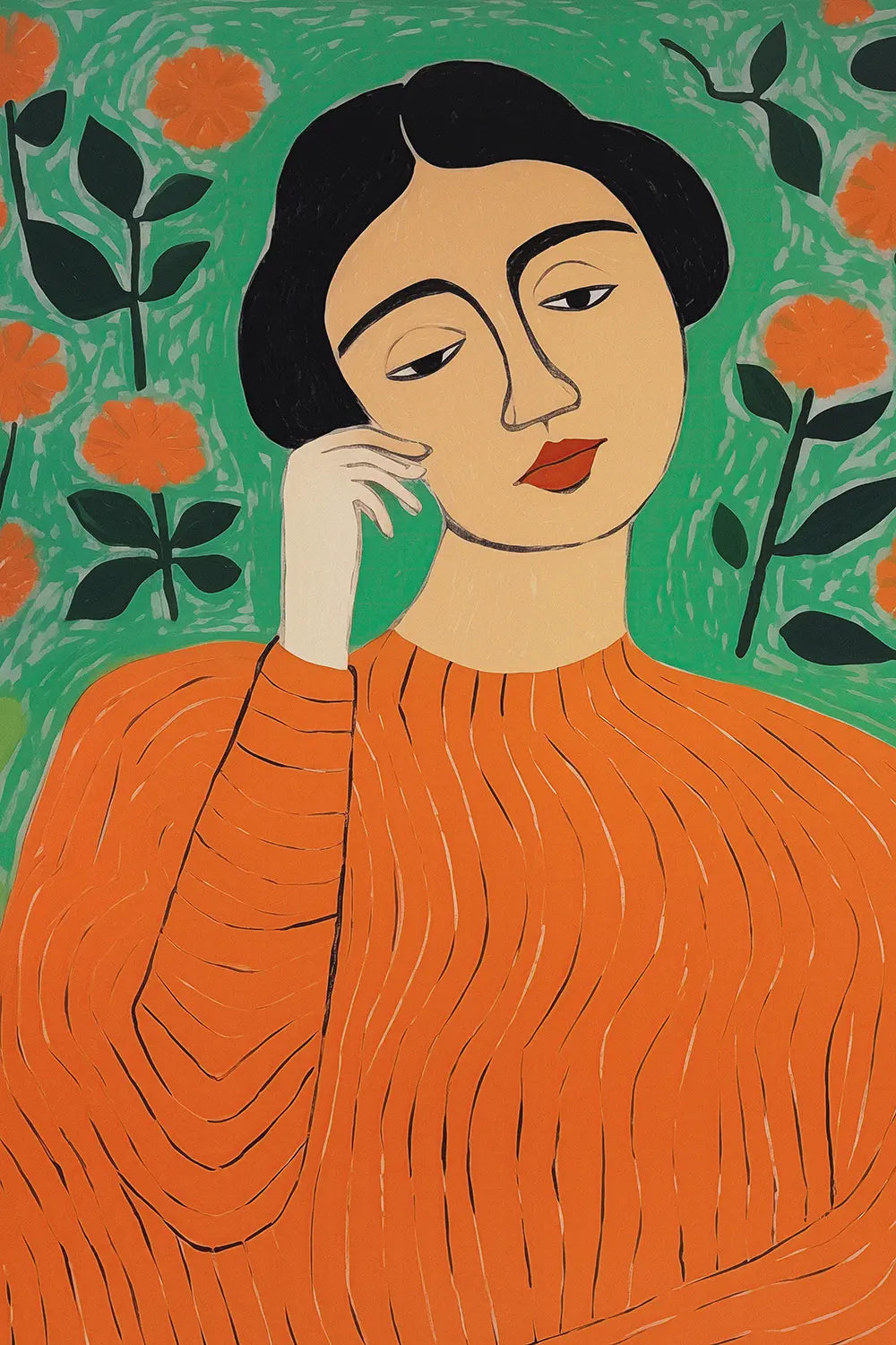 a painting of a woman in an orange sweater