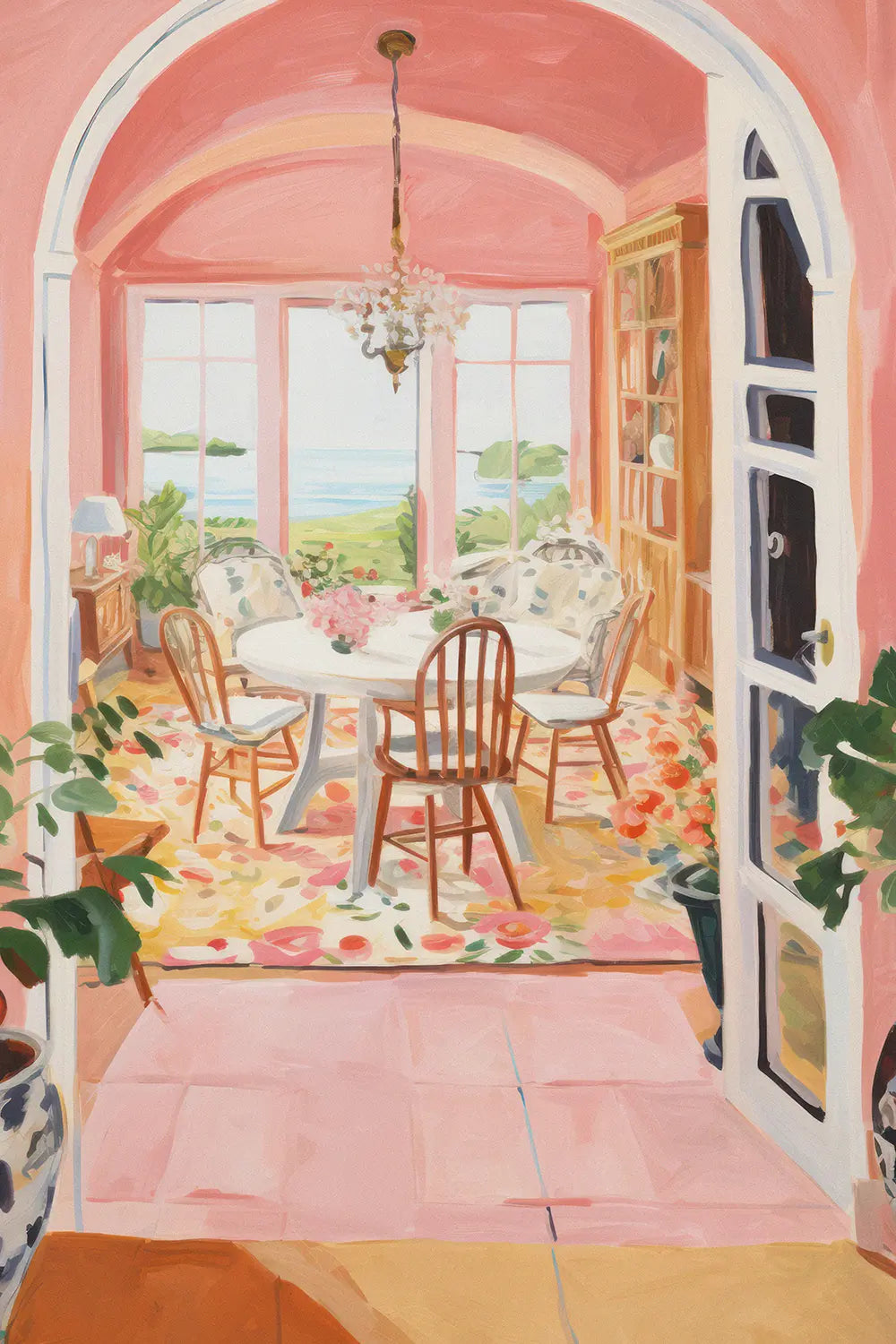 a painting of a dining room with a table and chairs