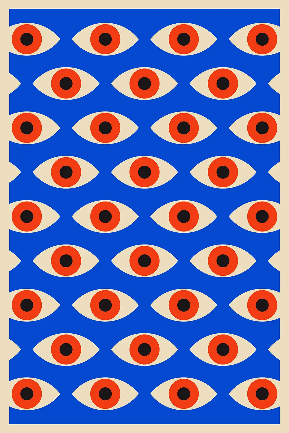 an image of a blue and red pattern with orange and black circles