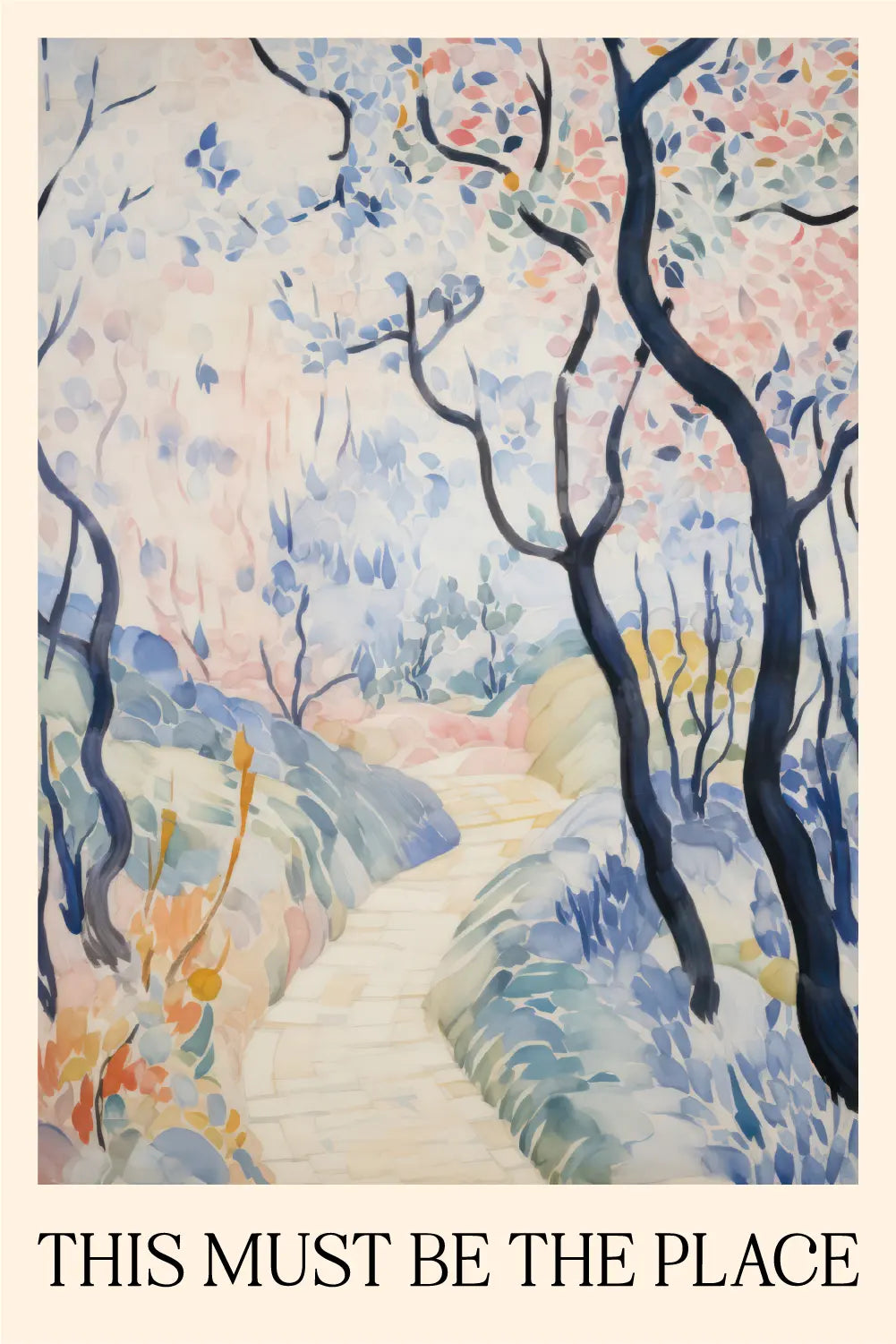 a painting of a path through a forest