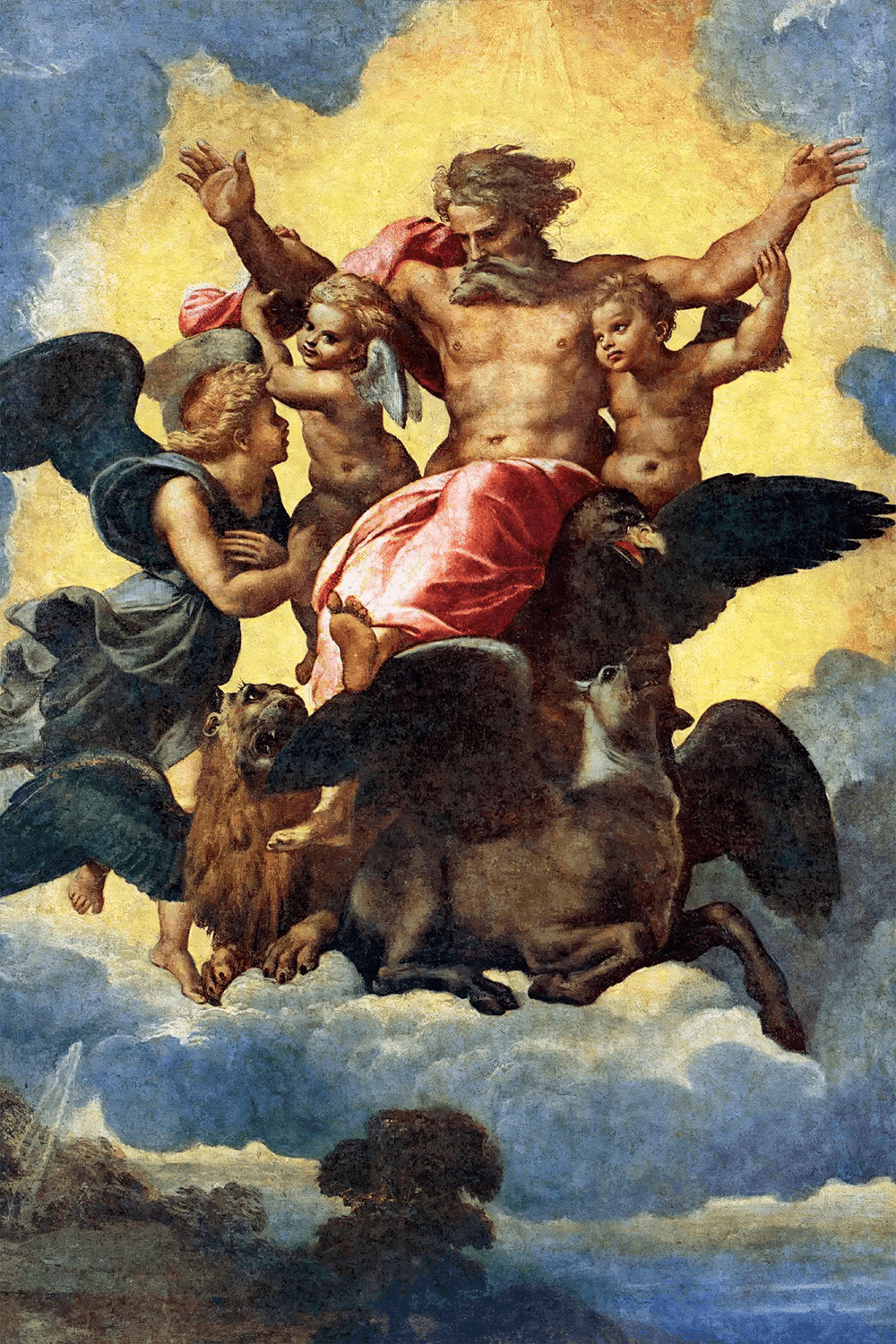 a painting of a man on a horse surrounded by angels