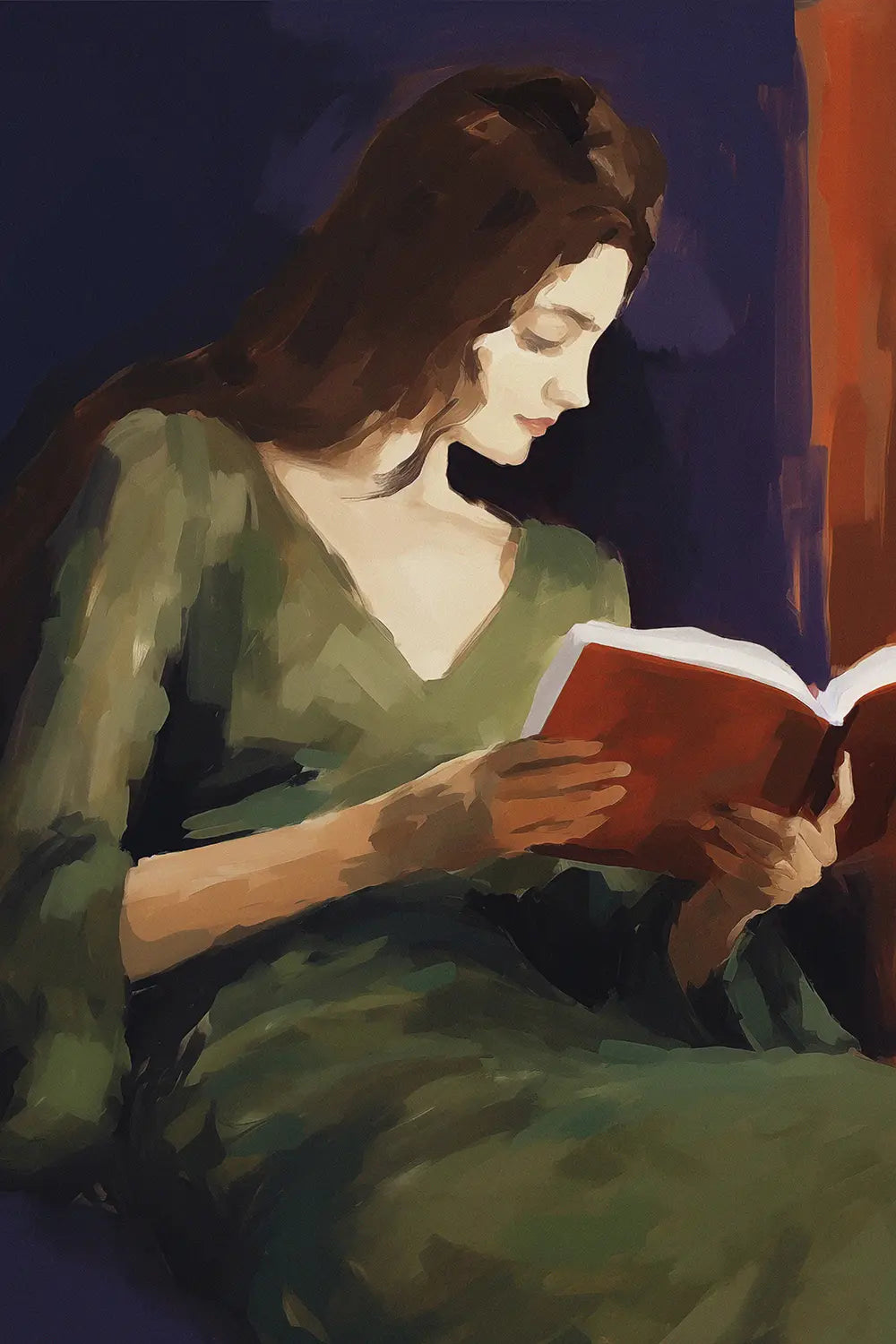 a painting of a woman reading a book