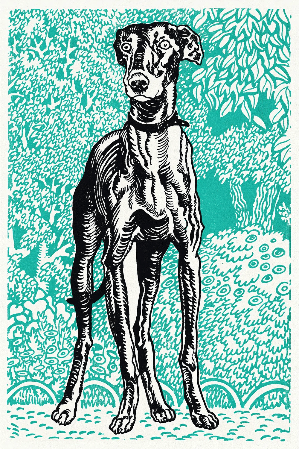 a drawing of a dog standing in front of a blue background