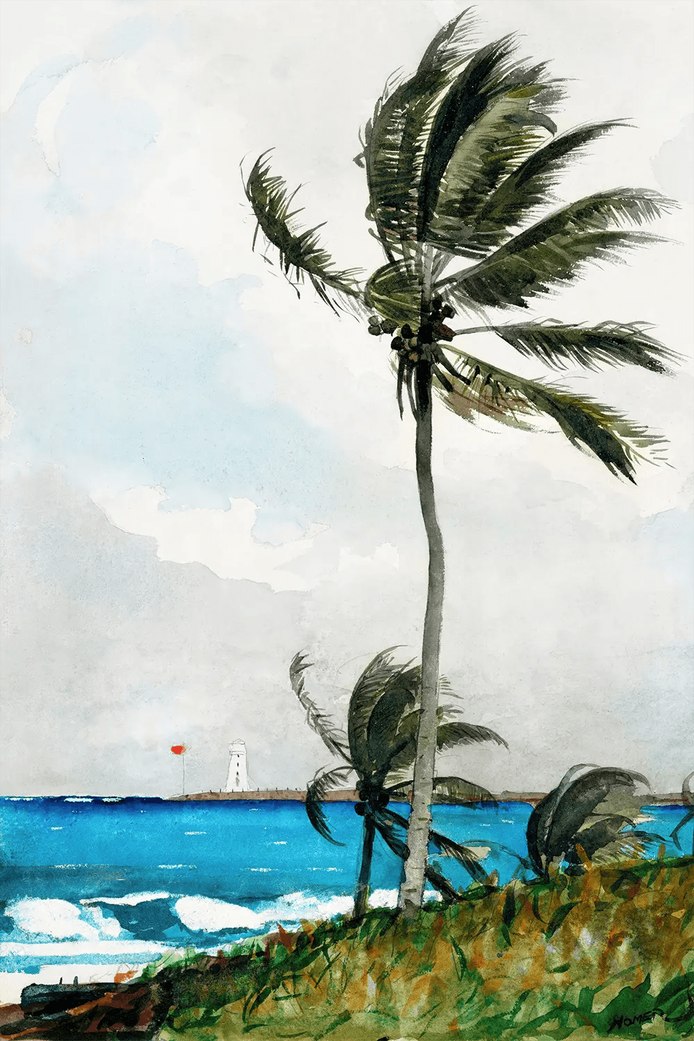 a painting of a palm tree with a lighthouse in the background