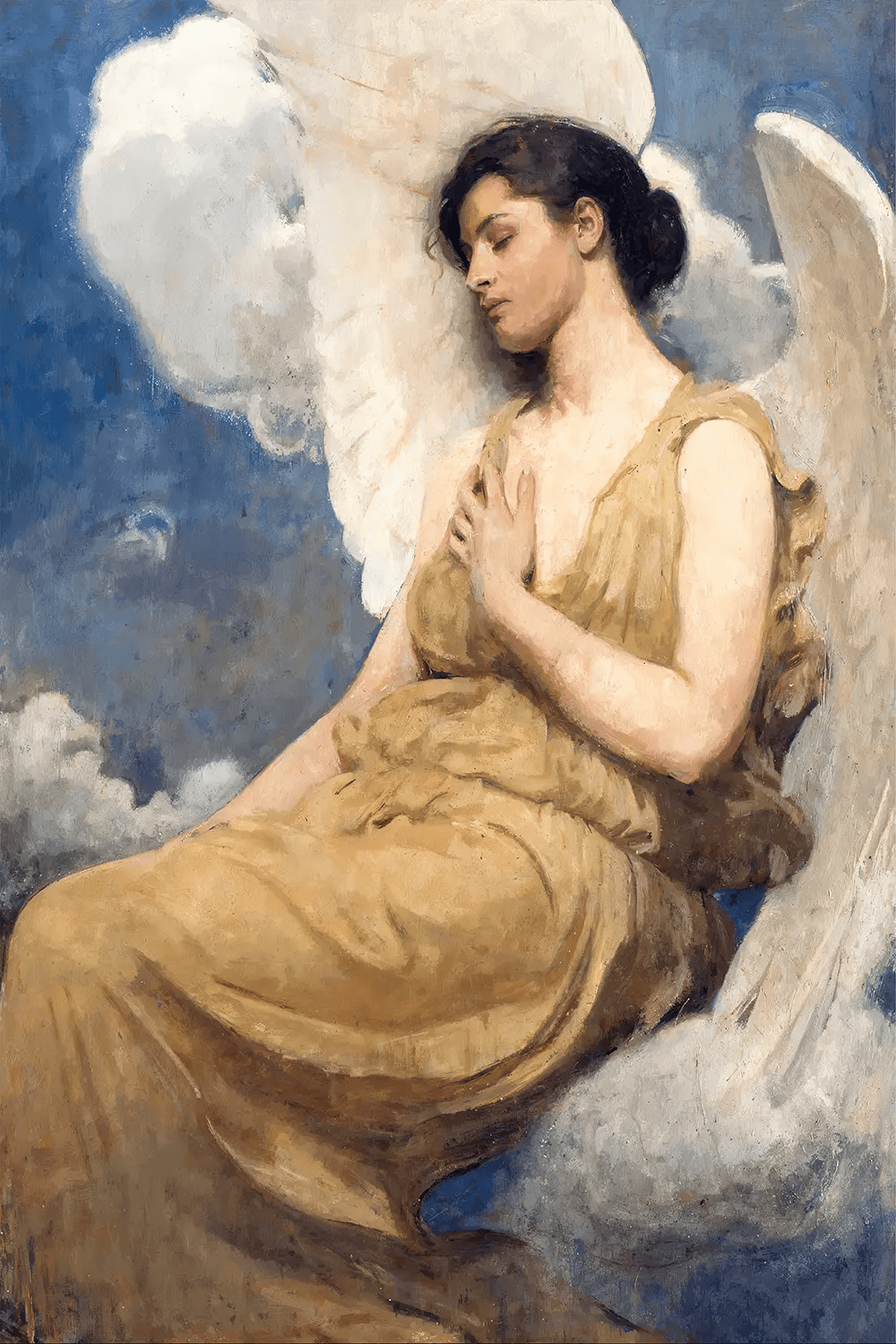 a painting of an angel sitting on a cloud